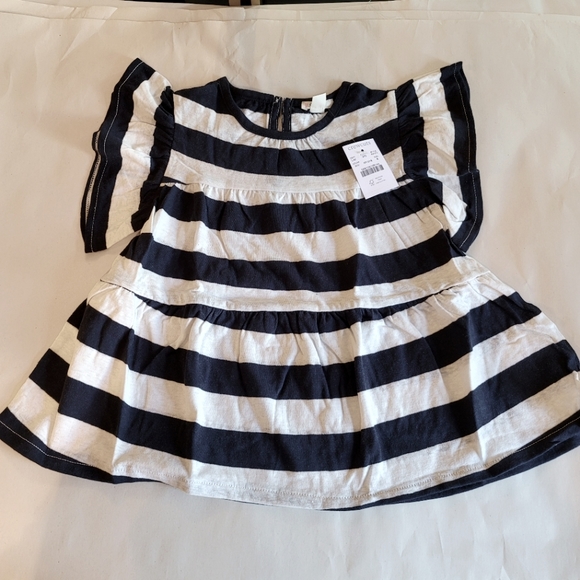 New! Crewcuts S M Girls' tiered flutter-sleeve T-shirt tee Navy stripes NWT - Picture 3 of 4